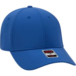 A blue six-panel baseball cap featuring a branded label and a flexible design for comfort.