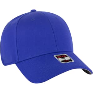 A blue low profile baseball cap with a curved brim and a logo on the front.