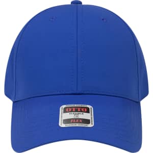 A blue six-panel low-profile baseball cap with a logo and an adjustable fit label.