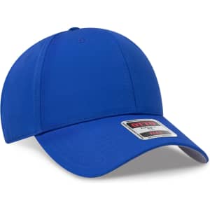 A blue 6 Panel Low Profile Style Baseball Cap with a branded label on the front.