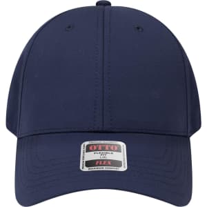 A navy 6-panel low profile baseball cap with a flexible fit and a logo on the front label.