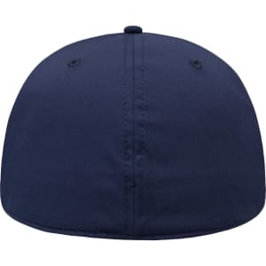 A navy blue 6 panel low profile style baseball cap, featuring a logo on the front.