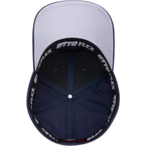 A low profile six-panel baseball cap in navy blue with a logo on the inside.