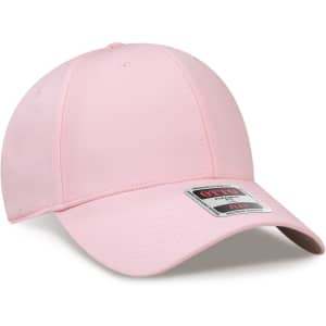 A pink 6-panel low profile baseball cap with a curved brim and a logo on the front.