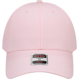A pink 6 panel low profile style baseball cap with a branded tag on the front.