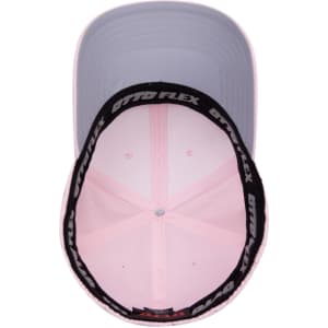 A pink six-panel low profile baseball cap featuring a grey underside and a branded interior band.