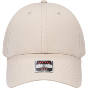 A beige 6-panel low profile baseball cap with a logo on the front.