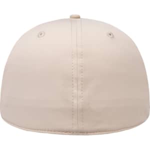 A beige 6 panel low profile baseball cap featuring ventilation holes and a top button, with a branded logo.