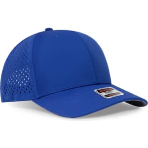 A blue 6 panel mid-profile baseball cap with perforated sides and a logo on the front.