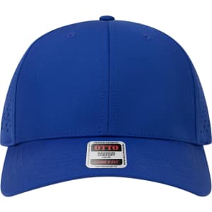 A blue six-panel mid-profile perforated baseball cap with a logo on the front.