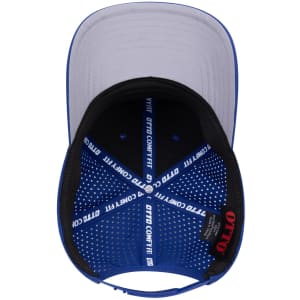 A blue and grey 6-panel mid-profile perforated baseball cap with an inner comfort fit lining and a logo.