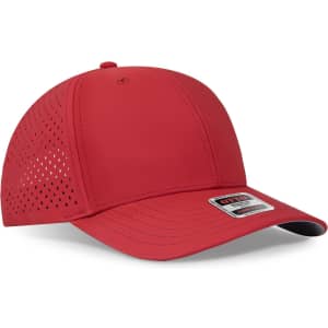 A red perforated baseball cap with a mid-profile design and a logo on the front.