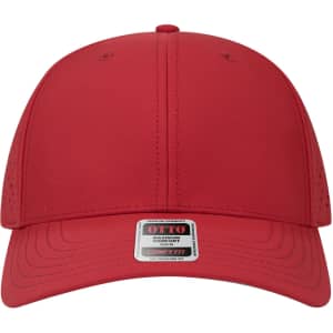 A red 6 panel mid profile perforated baseball cap with a logo on the front.