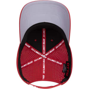 A red and grey 6 panel mid profile perforated baseball cap featuring a logo inside.