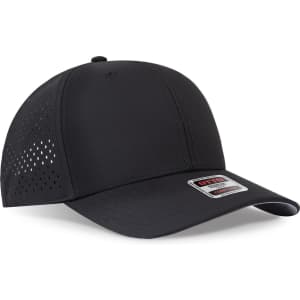 A black mid-profile perforated baseball cap with a logo and ventilation holes on the sides.