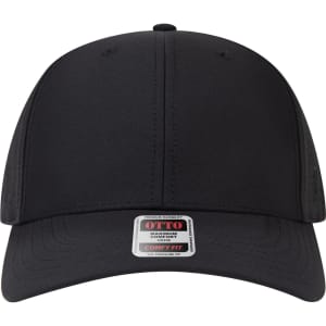 A black mid-profile baseball cap with perforations and a logo tag on the front.