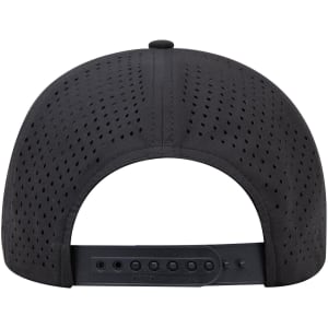 A black perforated baseball cap featuring a mid profile and an adjustable strap at the back.