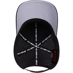 A black perforated baseball cap with a mid profile and grey interior, featuring a logo inside.