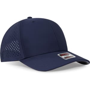 A navy blue six-panel mid profile perforated baseball cap with a branded logo.