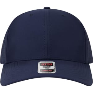 A navy blue 6 panel mid-profile baseball cap with perforated detailing and a logo on the front.