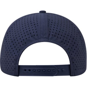 A navy blue 6 panel mid profile baseball cap with perforated fabric and an adjustable strap at the back.