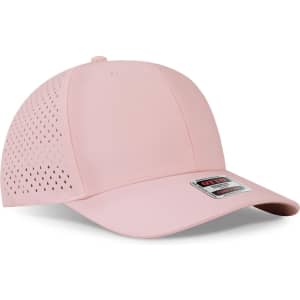 A pink perforated 6-panel mid-profile baseball cap with a logo on the front.