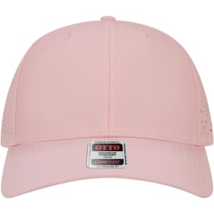A pink 6 panel mid-profile perforated baseball cap with a logo tag at the front.