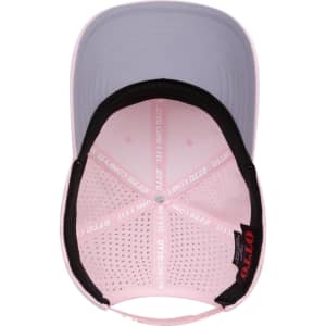A pink and grey 6-panel mid-profile perforated baseball cap with a branded interior lining.