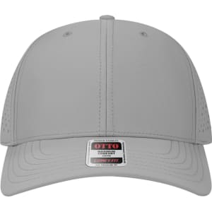 A grey 6-panel mid-profile perforated baseball cap with a logo on the front.