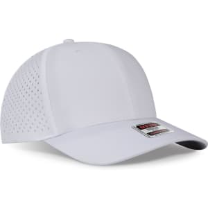 A white 6 panel mid-profile baseball cap with perforated sides and a logo on the front.
