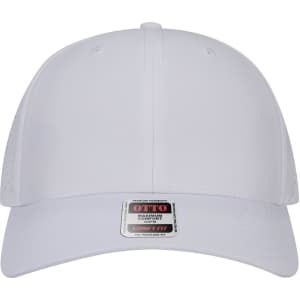 A white 6 panel mid-profile perforated baseball cap with a logo on the front.