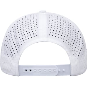 A white perforated baseball cap featuring a mid-profile design and an adjustable strap at the back, including a logo.