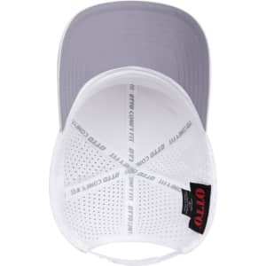A grey and white 6-panel mid-profile perforated baseball cap, featuring a logo inside.