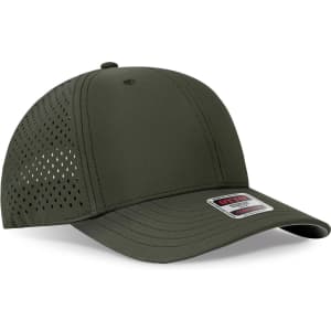 A green 6-panel mid profile perforated baseball cap with ventilation holes and a branded tag.