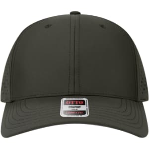 A dark green 6-panel mid-profile baseball cap with perforated detailing and a branded label at the front.
