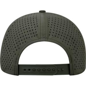 A green perforated baseball cap featuring a mid-profile design and an adjustable strap at the back, with a logo.