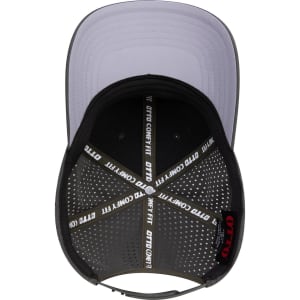 A black and grey perforated baseball cap featuring a structured six-panel design and an interior with branding.