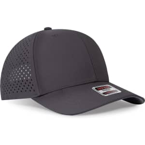 A grey 6 panel mid-profile baseball cap with perforated sides and a logo on the front.