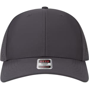 A grey 6-panel mid-profile perforated baseball cap with a logo on the front.
