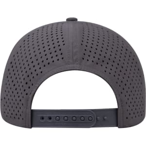 A grey perforated baseball cap featuring a mid-profile design and adjustable strap at the back, with a logo.