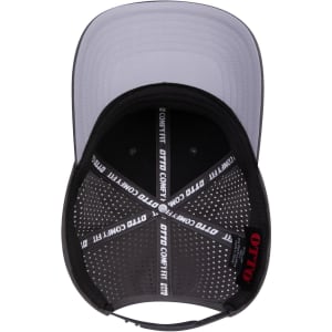 A black and grey 6-panel mid-profile baseball cap with perforations and an interior logo.