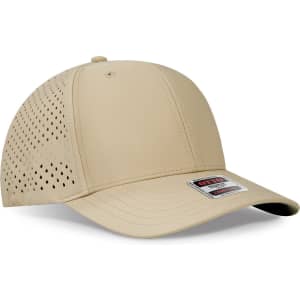 A beige 6-panel mid-profile baseball cap with perforated sides and a logo badge on the front.