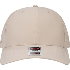 A beige 6 panel mid-profile perforated baseball cap with a logo on the front.