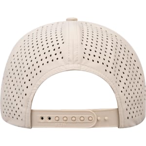 A beige 6-panel mid-profile baseball cap with perforated design and an adjustable strap at the back.
