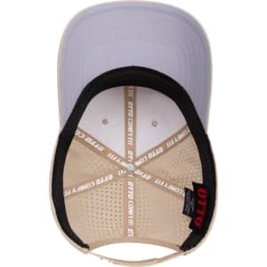 A beige and grey perforated baseball cap featuring a logo inside and a mid-profile design.
