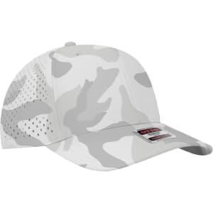 A grey camouflage 6-panel mid-profile baseball cap with perforated sides and a logo patch on the front.