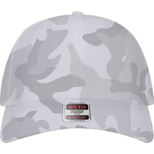 A grey and white camo-patterned 6 Panel Mid Profile Perforated Baseball Cap featuring a logo on the front.