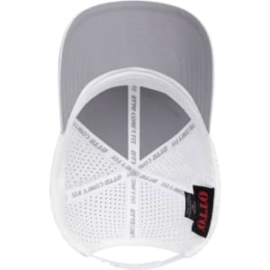 A grey and white 6 panel mid profile perforated baseball cap with an interior label and a logo.