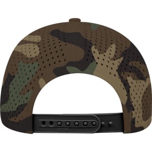 A camo-patterned, perforated 6 panel mid-profile baseball cap featuring an adjustable strap at the back.