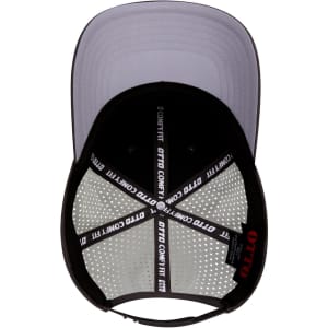 A perforated black and grey 6-panel mid-profile baseball cap with an interior branding label.